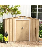 Costway 8 × 6 Ft Outdoor Storage Shed Galvanized Steel Shed with Base Floor Wood Grain