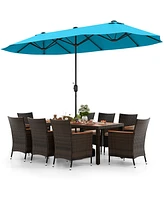 Costway 11 Pcs Patio Wicker Dining Set with Double-Sided Outdoor Umbrella 8 Stackable Chairs