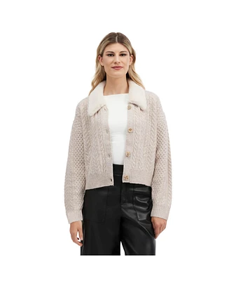 Nvlt Women's Cable Knit Cardigan with Faux Fur Collar