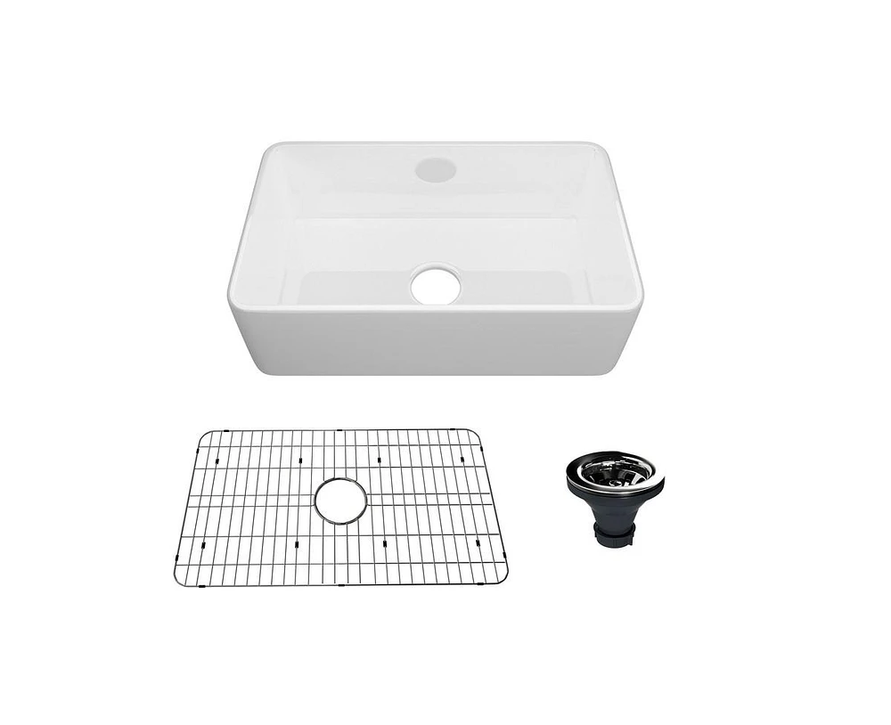 Casainc Fireclay 30" Farmhouse Apron Kitchen Sink with Bottom Grid and Strainers