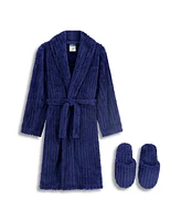 Boys Ribbed Fleece Robe With Matching Slippers 2pc Set