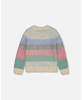 Deux par Deux Girl Horizontal Stripe Sweater Beige, Blue And Pink - Child