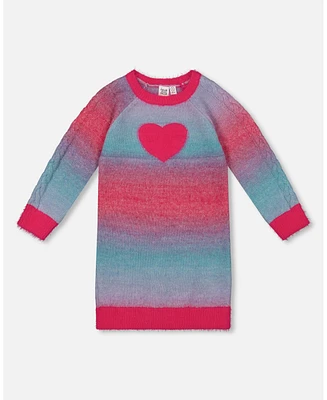 Deux par Girl Knit Dress With Heart Gradient Candy Pink And Blue - Child