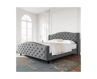 gaomon Luxury Upholstered Bed Frame with Wingback Headboard, Velvet Platform Mattress Foundation Wooden Slats, No Box Spring Needed, Gr