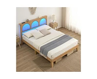 gaomon Full Bed Frame with Natural Rattan Headboard, Platform Led Lights and Storage Strong Wood Slats Support, No