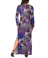 24seven Comfort Apparel Women's Purple Paisley Long Sleeve Side Slit Fitted Maxi Dress