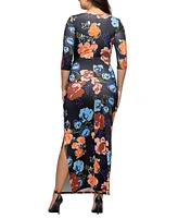 24seven Comfort Apparel Women's Black Floral Side Slit Maxi Dress