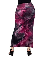 24seven Comfort Apparel Women's Pink Tie Dye Fold Over Waist Maxi Skirt