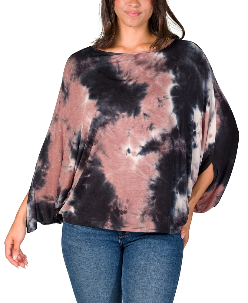 24seven Comfort Apparel Women's Mocha Tie Dye Batwing Sleeve Relaxed Fit Top