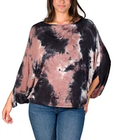 24seven Comfort Apparel Women's Mocha Tie Dye Batwing Sleeve Relaxed Fit Top