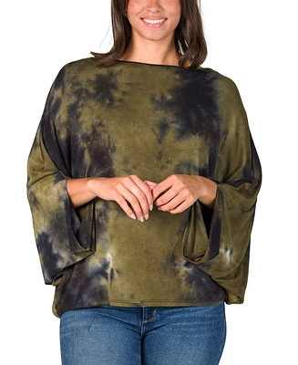 24seven Comfort Apparel Women's Green Tie Dye Batwing Sleeve Relaxed Fit Top