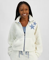 Madden Girl Juniors' Denim Patch Zip-Up Sherpa Jacket