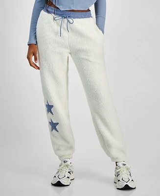 Madden Girl Juniors' Sherpa Fleece Denim Star Jogger Pants