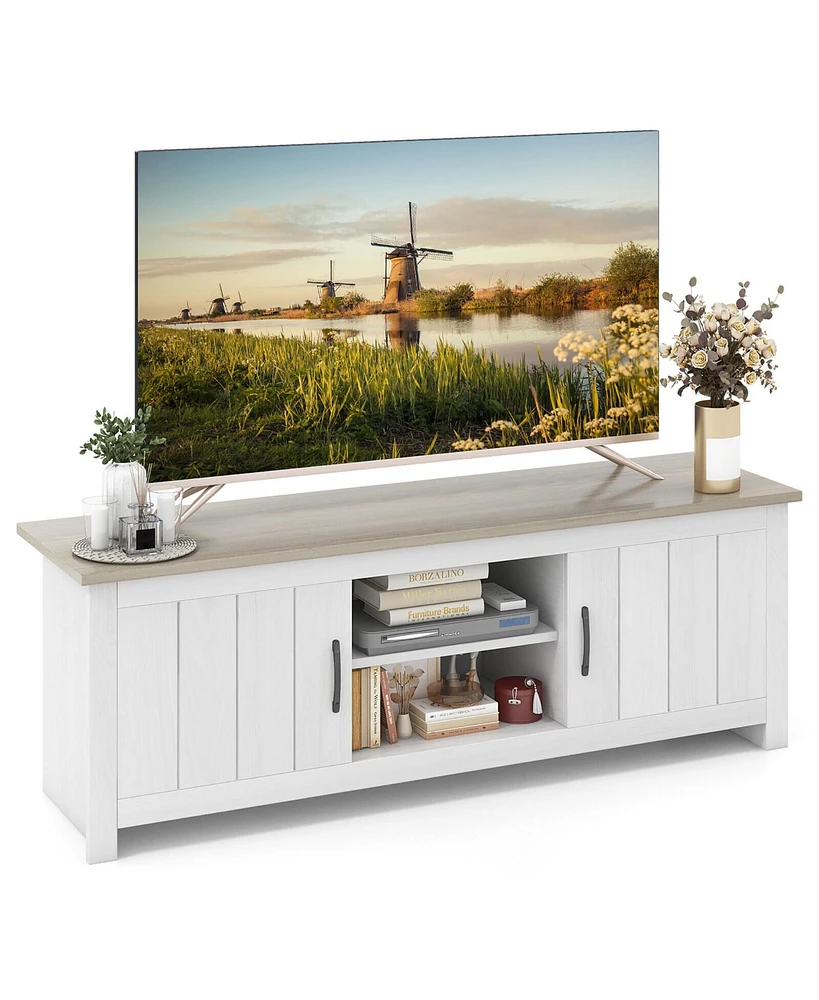 Gymax Farmhouse Tv Stand for TVs up to 65'' Media Console Center w/ Doors Cubbies White Oak