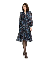 Mac Duggal Women's Lurex Chiffon Bishop Sleeve Button Up Midi Dress