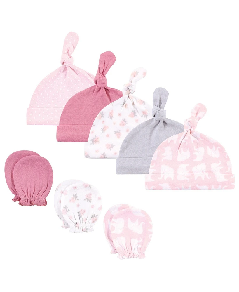 Hudson Baby Baby Boys Hudson Cotton Cap and Scratch Mitten Set, Pink Elephant, 0-6 Months