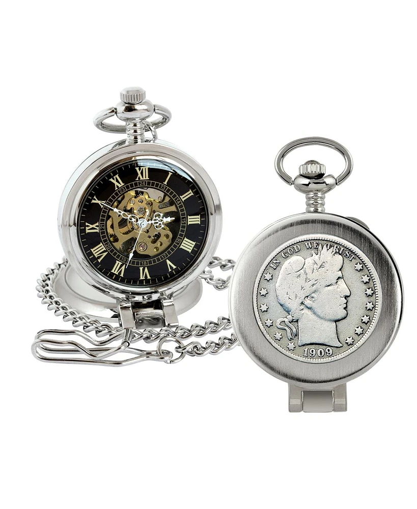 American Coin Treasures 16272 Silver Barber Half Dollar Coin Pocket Watch with Skeleton Movement, Black Dial with Gold Roman Numerals