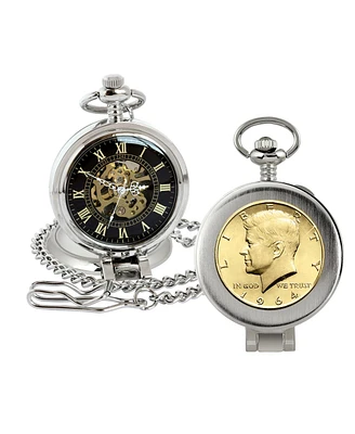 American Coin Treasures 16276 Gold-Layered Jfk 1964 First Year of Issue Half Dollar Coin Pocket Watch with Skeleton Movement, Black Dial with Gold Rom