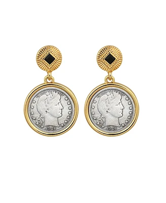 American Coin Treasures 17096 Barber Dime Coin Goldtone Art Decor Earrings with Black Stone, Gold