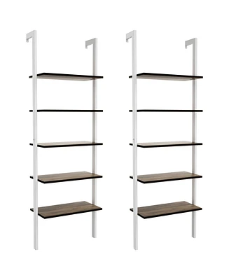 Gymax 2PCS 5-Tier Ladder Shelf Wood Wall Mounted Display Bookshelf Metal Frame White & Brown