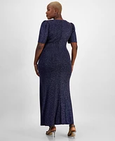 Alex Evenings Plus Metallic-Knit Surplice-Neck Gown