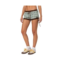 Edikted Women's Lavish lace trim plaid shorts