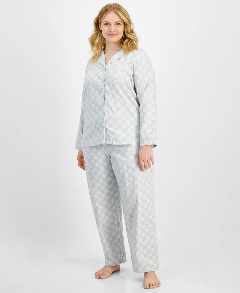 Charter Club Plus Cotton Flannel Printed Pajama Set, Created for Macy's