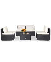 Gymax 5PCS Patio Outdoor Rattan Sofa Conversation Set w/ Seat & Back Cushions Off White