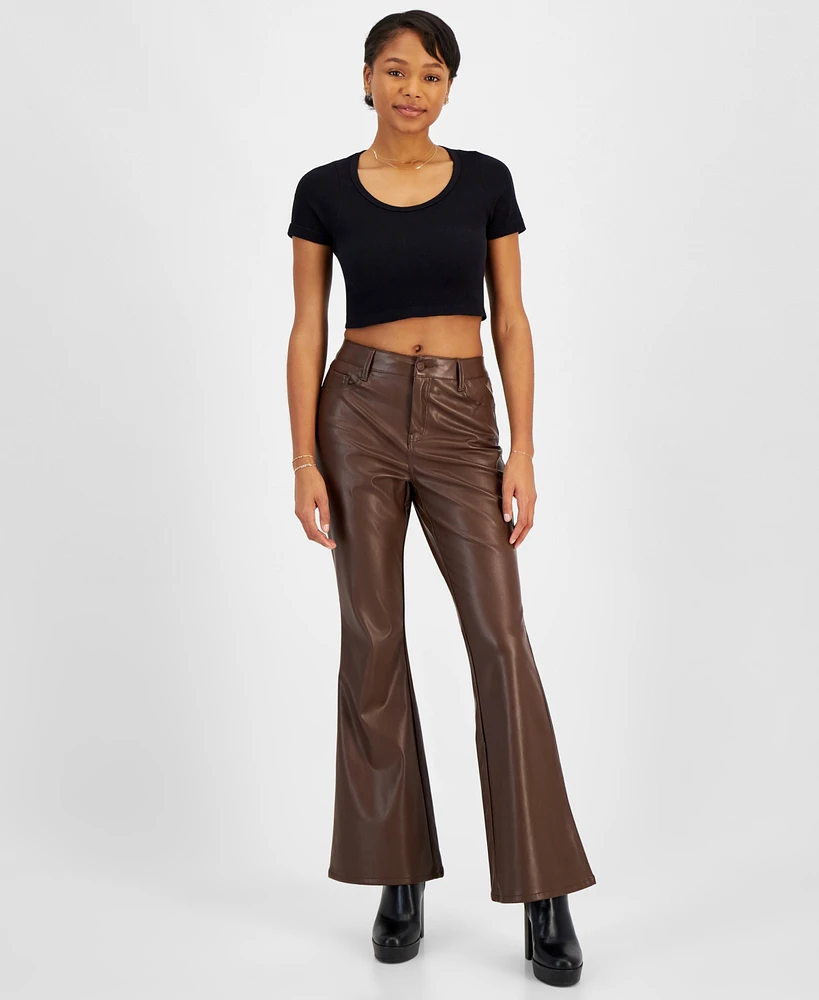 Dollhouse Juniors' Faux-Leather Five-Pocket Flare Pants