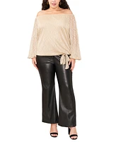 Vince Camuto Plus Size Off-The-Shoulder Tie-Hem Bubble-Sleeve Metallic Blouse