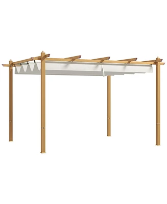 Outsunny 10'x13' Retractable Pergola with Wood Grain Aluminum Frame, Cream