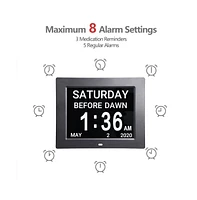 8" Large Digital Lcd Day Clock 6-Alarm Dimmable Calendar Dementia Home Wall Table