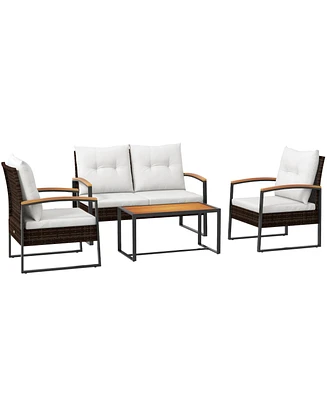 Outsunny 4pc Patio Furniture Set with Loveseat Sofa, Chair, Table,