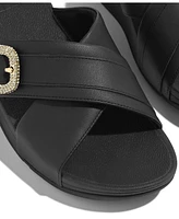 FitFlop Women's Lulu Crystal Buckle Leather Cross Slides Flats