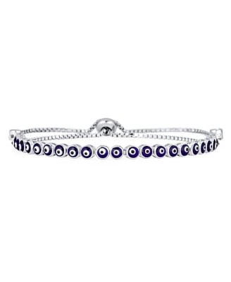 Bling Jewelry Round Shape Spiritual Protection Thin Layering Navy Blue Evil Eye Bolo Slide Style Bracelet .925 Sterling Silver Adjustable