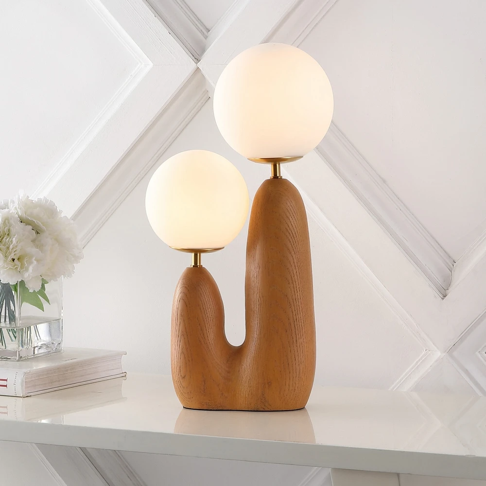 Jonathan Y Oda 17.75" 2-Light Modern Bohemian Resin/Iron/Frosted Glass Danish Cactus Led Table Lamp, Brown Wood Finish
