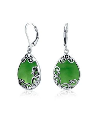 Bling Jewelry Western Style Teardrop Scroll Ornate Filigree Scroll Dyed Natural Quartz Green Color Lever Back Dangle Earrings Sterling Silver