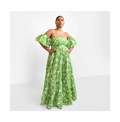 Rebdolls Women's Allegra Floral Puff Sleeve Belted Maxi Skater Dress