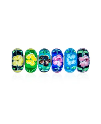 Bling Jewelry Assorted Set Multi Color Flowers Murano Glass Bead Charm .925 Silver