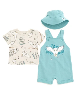 Harry Potter Baby Boys Hermione Hedwig Ron Weasley French Terry Short Overalls T-Shirt & Hat 3 Piece Outfit Newborn to