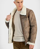 Guess Men's Zip Front Aviator Jacket with Faux Fur Lining