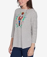 Ruby Rd. Petite Scoop Neck Nutcracker Motif Printed Striped Knit Top