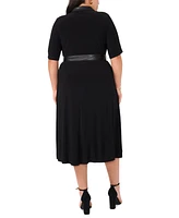 Msk Plus Belted Fold-Collar Split-Neck Dress