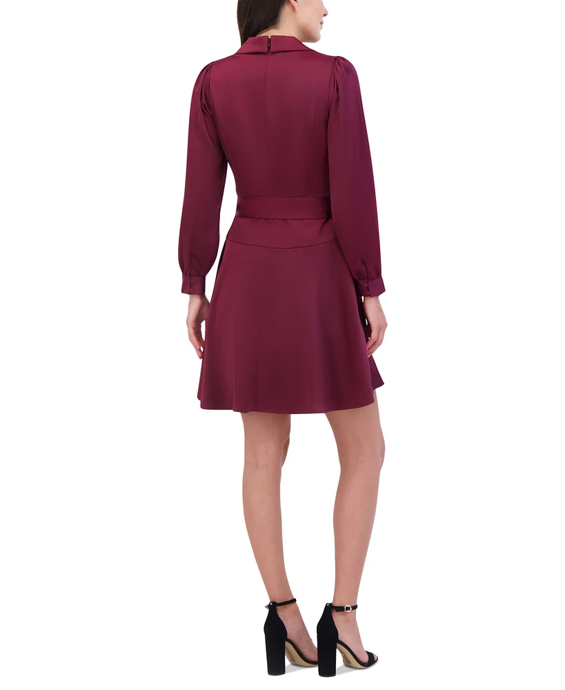 Vince Camuto Petite Crepe-Back Long-Sleeve Faux-Wrap Dress