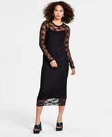 Bar Iii Women's Lace Long-Sleeve Crewneck Midi Dress, Created for Macy's