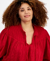 Tommy Hilfiger Plus Size Clip-Dot Tie-Neck Smocked-Yoke Top