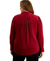 Anne Klein Plus Size Pleat-Front Long-Sleeve Top