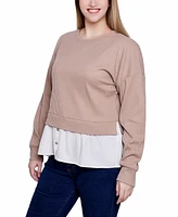 Ny Collection Petite Long Sleeve Two-Fer Top with Gathered Inset