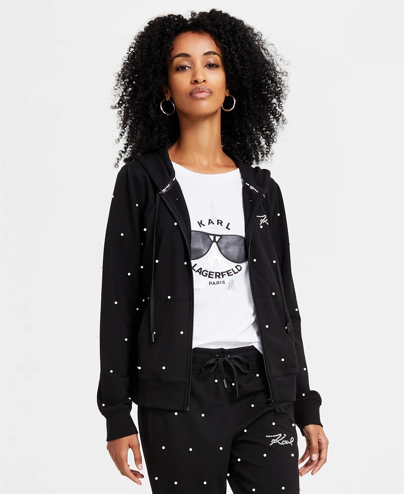 Karl Lagerfeld Paris Women's Faux-Pearl Embellished Zip Hoodie