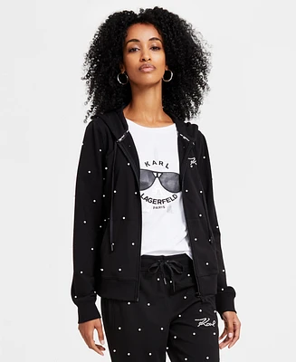 Karl Lagerfeld Paris Women's Faux-Pearl Embellished Zip Hoodie, Regular & Petite